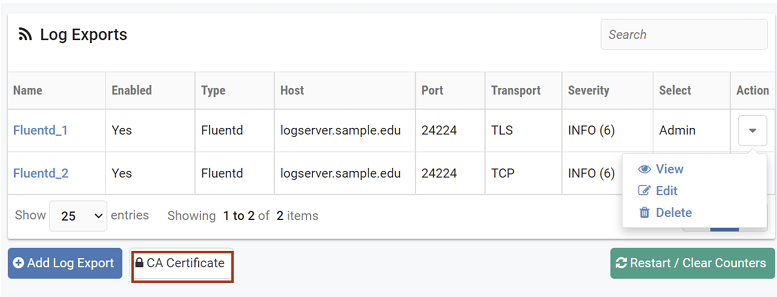 Log Exports CA Certificate