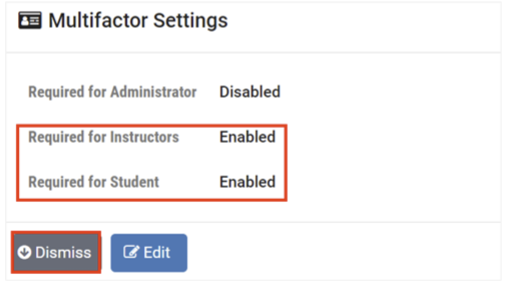 Multifactor Settings - Dismiss